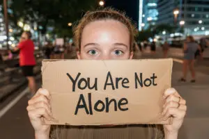 photo night scene young woman holding cardboard in front of lower part of face with black letters, "You Are Not Alone"