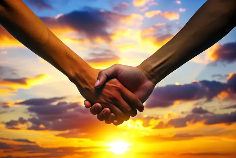 two people holding hands firmly gripped, with bright sunset background