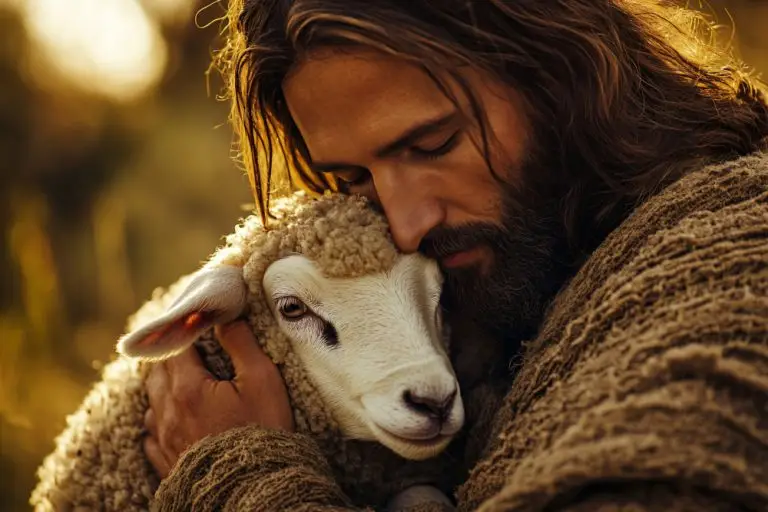 a sheep in the arms of God